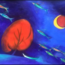 Giấc mơ loài cá- Tranh Acrylic trên bìa của Đào Hải Phong. Khổ: 79 x 110cm. St năm 2016. Giá khởi điêm: 1.500 USD. Tranh đã được mua với giá 1.500 USD